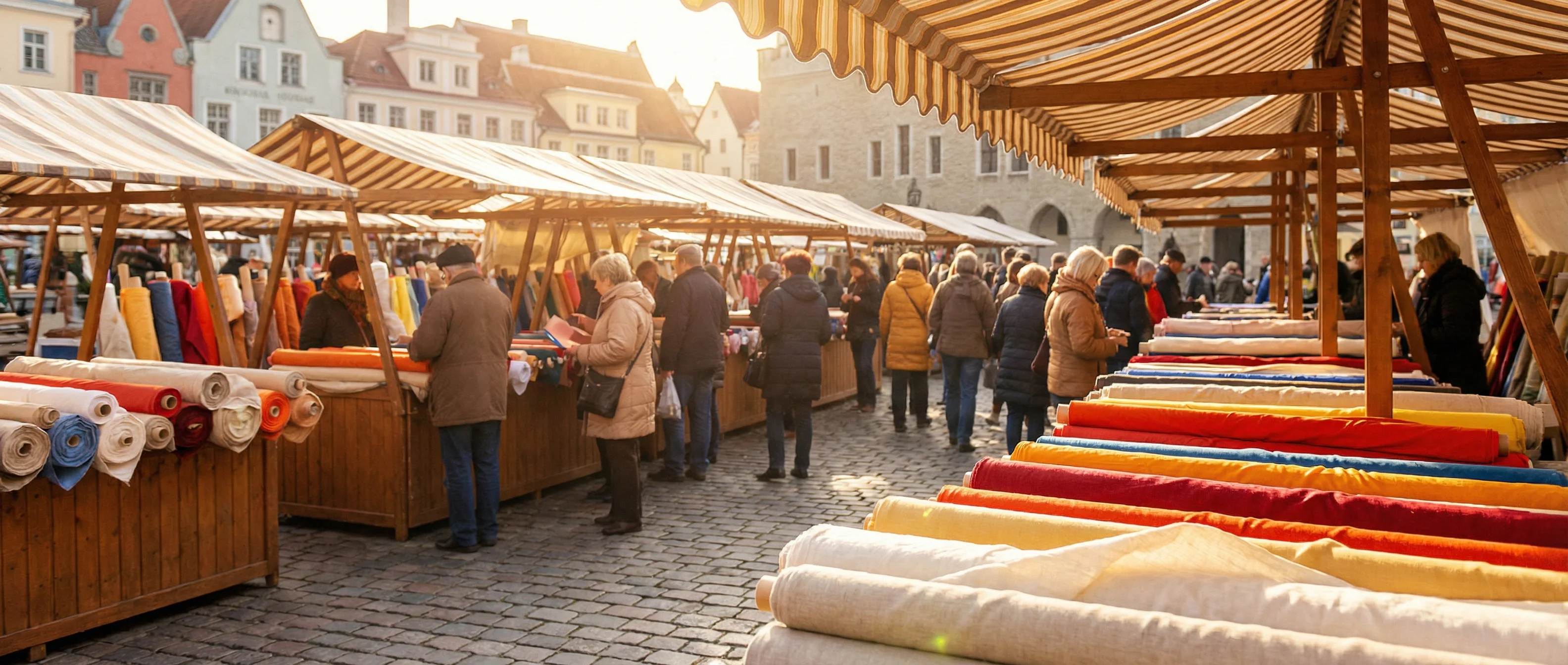 Stoffmarkt-Veranstaltung mit bunten Stoffständen in einer deutschen Stadt